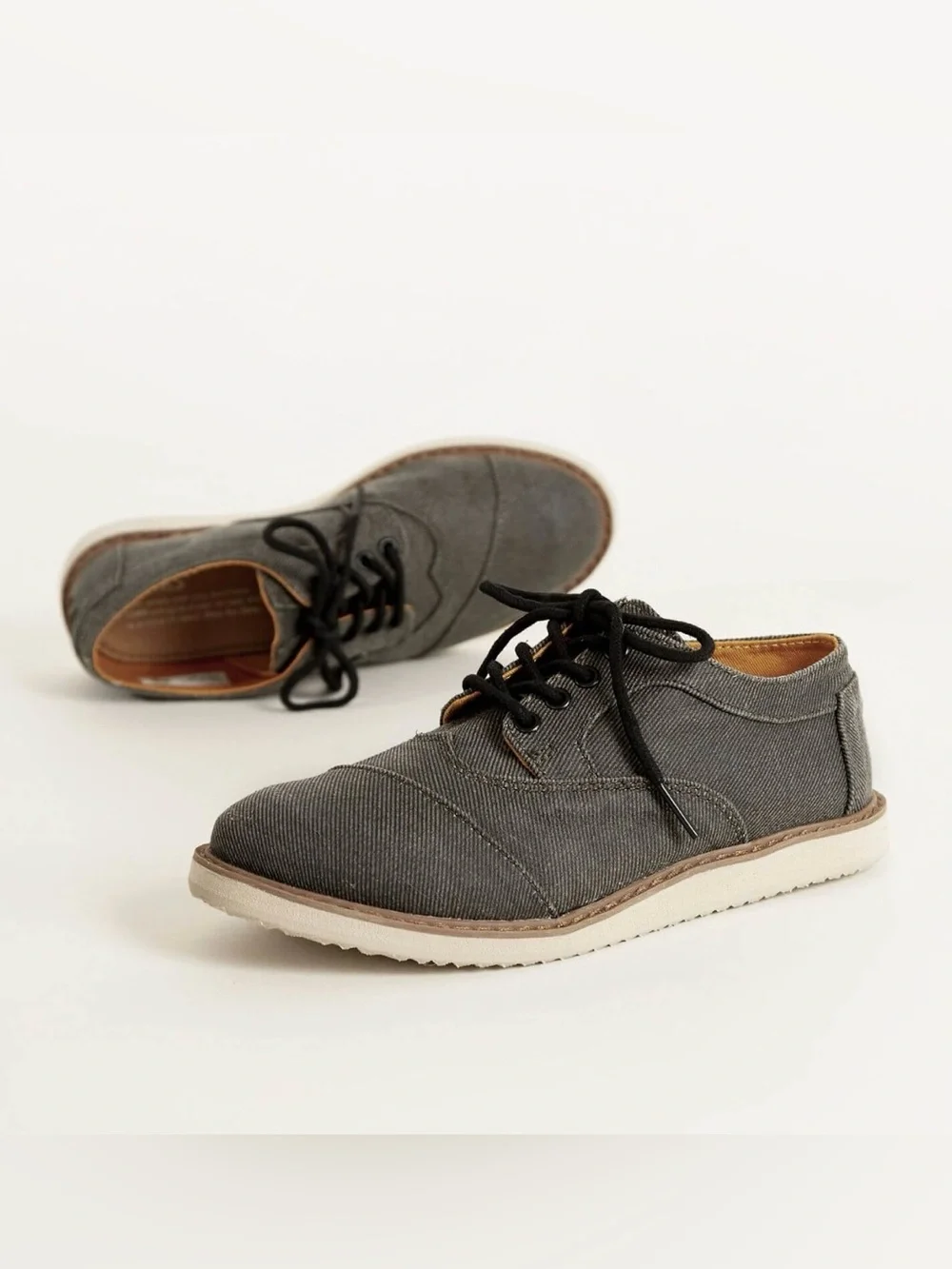 TOMS Boys Brogue Oxford Wing Tip Sz 6 Youth Gray Twill Distressed Gray Denim